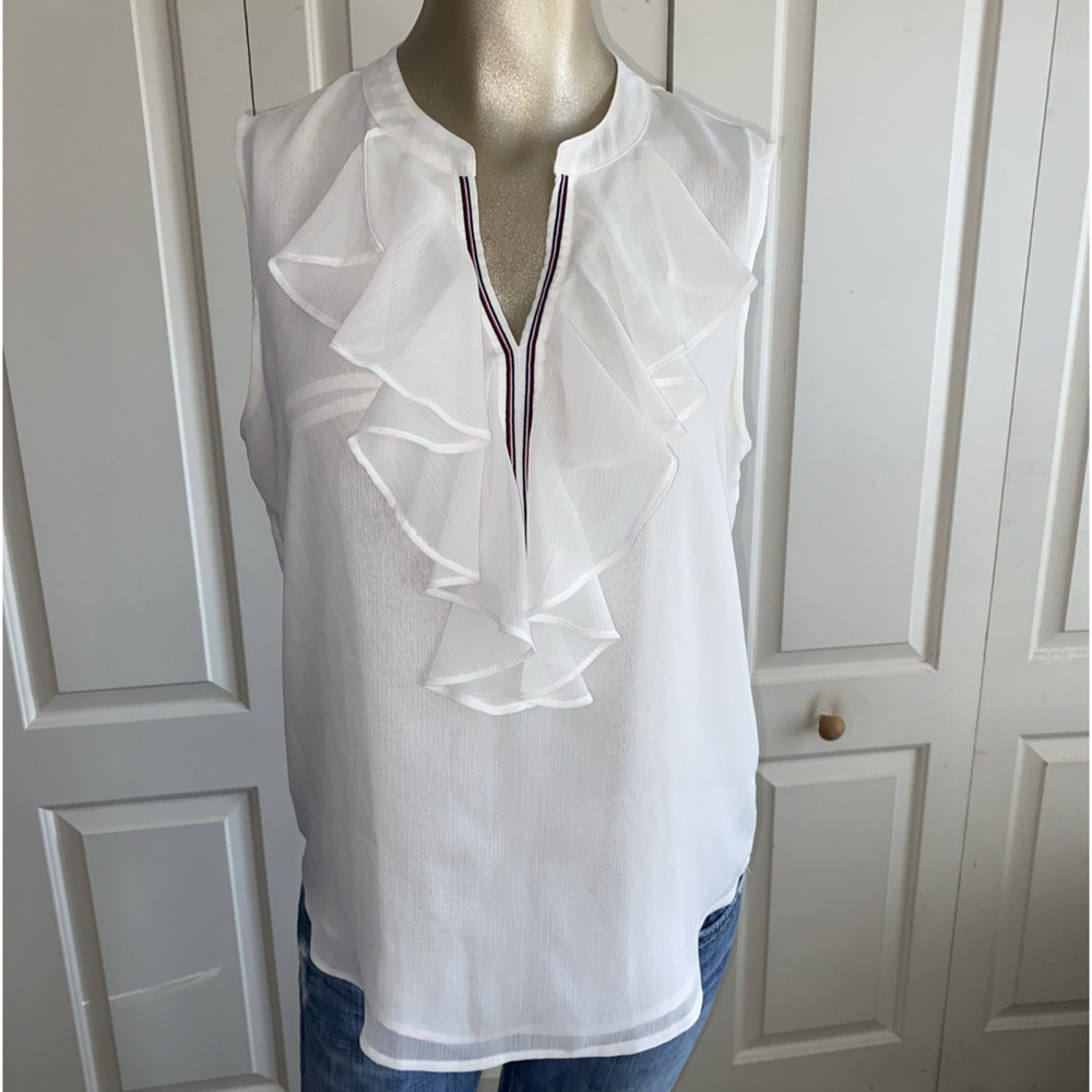 Tommy Hilfiger Blouse Top Women Medium White Ruffle Front V-Neck Costal Preppy - Picture 2 of 8